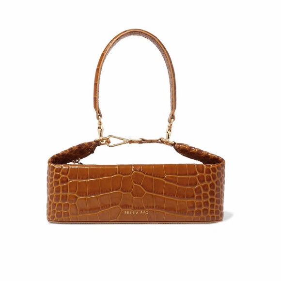 Rejina Pyo Croc-Embossed Brown Leather Top-Zip Shoulder Bag